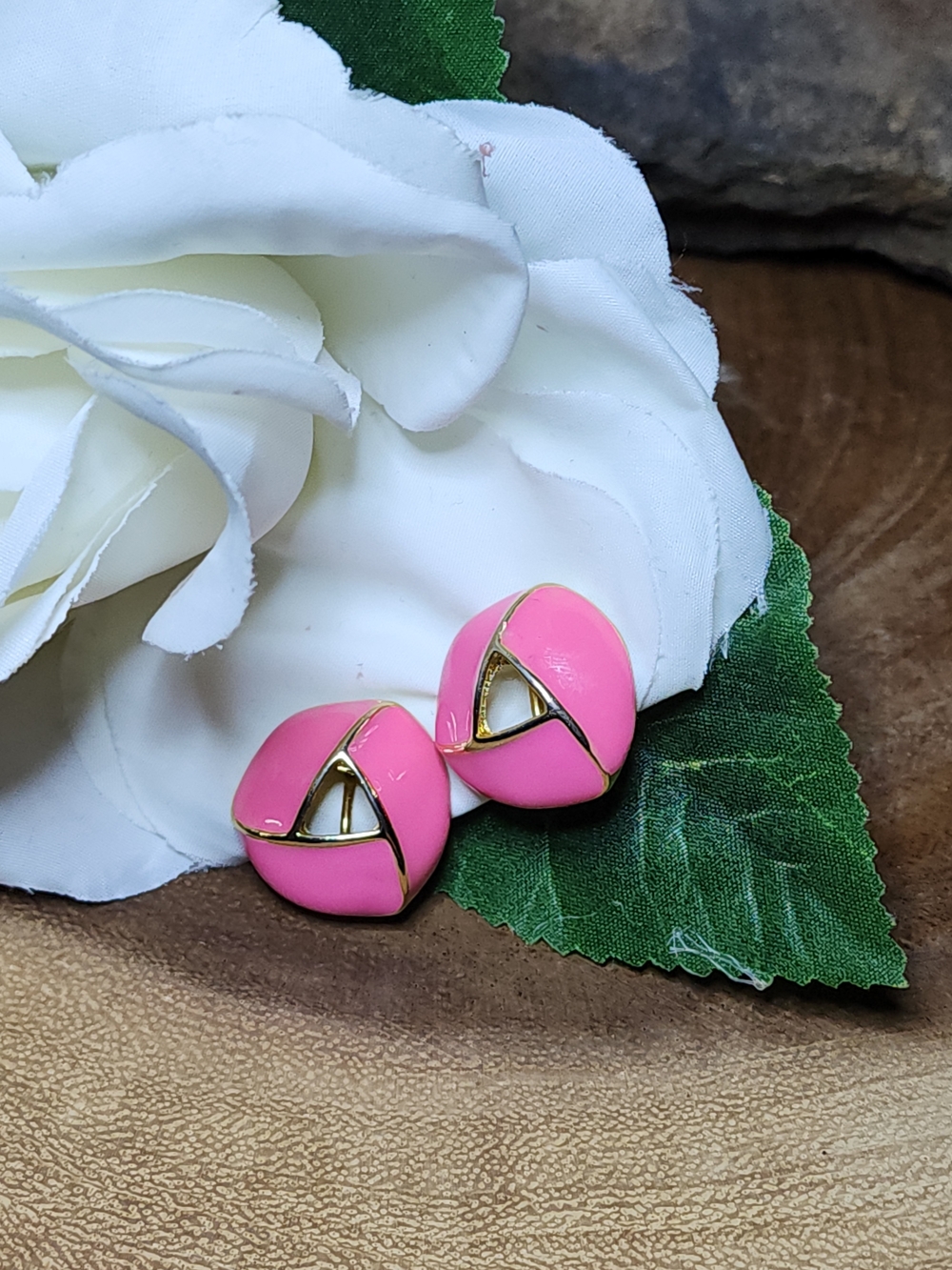 Pink With Gold-Tone Clipon Rose Bud Earrings